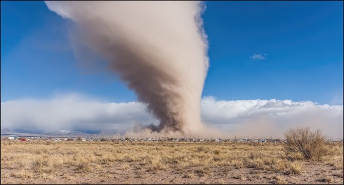 Massive dust devil over arid landscape