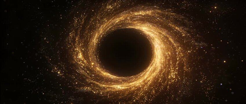 Golden vortex black hole space cosmic spiral galaxy glitter light particle abstract universe background swirling black hole space galaxy spiral vortex golden energy cosmos concept digital luminous