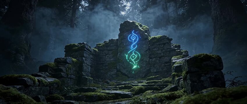 Ancient ruin mossy stone glowing rune magic symbol fantasy forest mystical light stone stair blue neon green neon foggy woods enchanted woodland night mysterious atmosphere fantasy scene portal