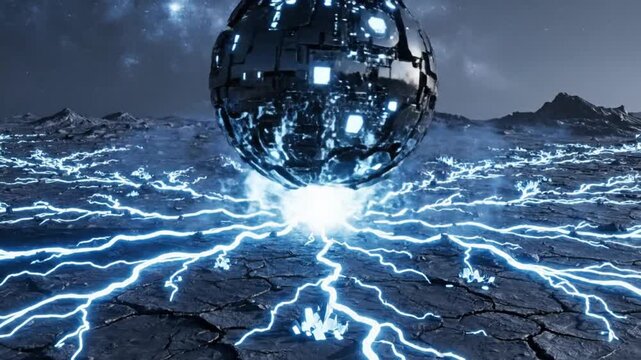A futuristic metallic sphere emits bright blue lightning on a cracked, dark surface with a dramatic, starry night sky in the background.