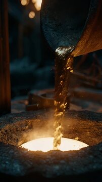 Raw gold refining journey cinematic industrial molten metal pouring into furnace, Raw gold refining journey cinematic industrial process transforming ore into liquid gold, Raw gold refining journey 