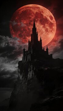 Gothic castle blood moon dark fantasy night sky dramatic cloud red moon spooky atmosphere horror scene haunted castle rocky cliff towering gothic castle silhouette looming blood moon dramatic lighting