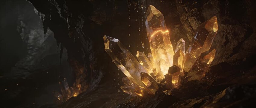 Fantasy crystal cave glowing golden crystal gemstone underground dark cave magic light sparkle shine mystic treasure cluster glows with vivid magic light fantasy environment mystical crystal light