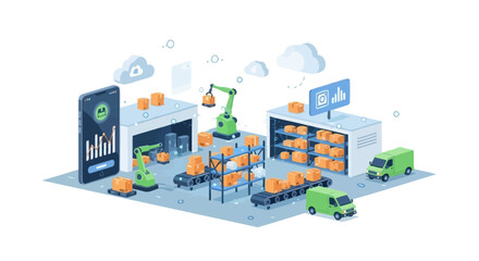 Obraz premium Smart Logistics and Automated Warehouse Management Isometric Illustration. Robotic Arms, Conveyor Belts, Digital Analytics, and Cloud Integration.
