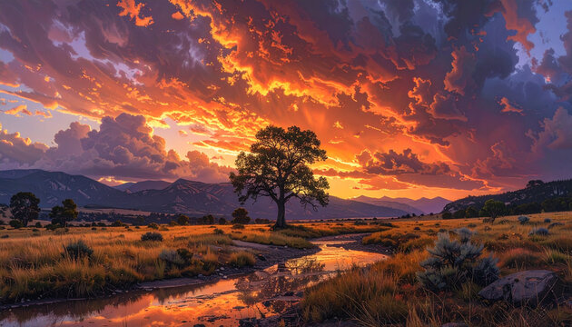 Dramatic sunset over a tranquil landscape with tree and flowing water