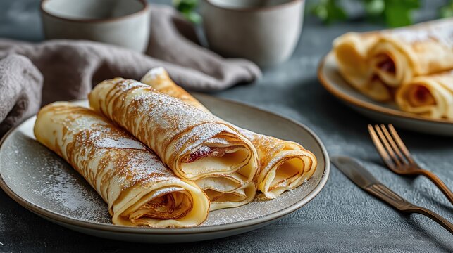 Delicious crepes filled with sweet filling, dusted with powdered sugar, served on a round plate with coffee cups and a linen napkin in a cozy kitchen setting