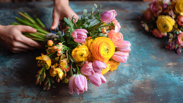 Fleuriste en train de confectionner un bouquet de fleurs