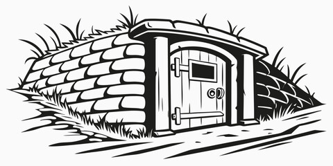 A small stone hut with a wooden door and grass on the roof © Hf