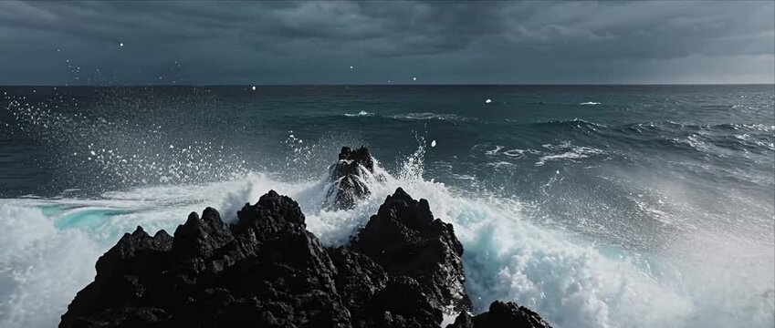 Ocean wave rocky coast stormy sea dramatic sky dark cloud sea spray rough water crashing wave seascape coastal landscape powerful ocean wave smashing rocky coast stormy sea dramatic sky ocean wave