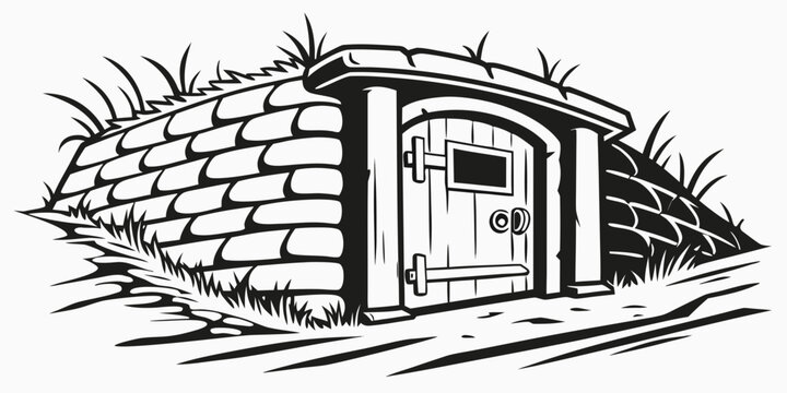 A small stone hut with a wooden door and grass on the roof