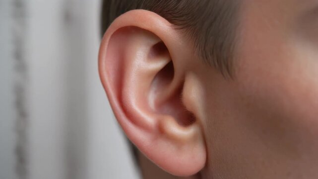 Close-up view of a human ear showcasing its intricate details and biological structure, representing hearing and auditory perception