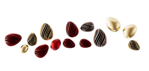 Stylish and modern Easter eggs in various colors and designs on a clean white backdrop, perfect for holiday concepts.