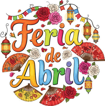 Colorful Feria de Abril Illustration with Traditional Spanish Fans and Lanterns