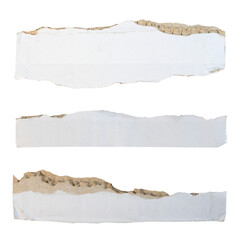 Naklejka premium White torn cardboard strips with rough edges revealing brown inner texture, isolated on transparent PNG background. Ideal for overlays, collage, scrapbooking, and creative design projects.