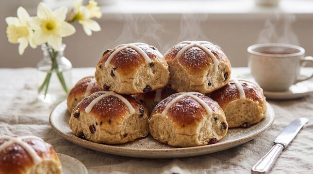Freshly baked hot cross buns on a plate with flowers and coffee  