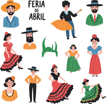 Feria de Abril Seville Traditional Characters Set with Flamenco Dancers and Andalusian Costumes