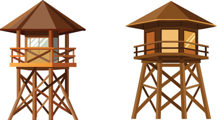 A wooden tower of an old building stands against a blue summer sky near the ocean beach where a lifeguard safety guard watches the water © Mdsharaf