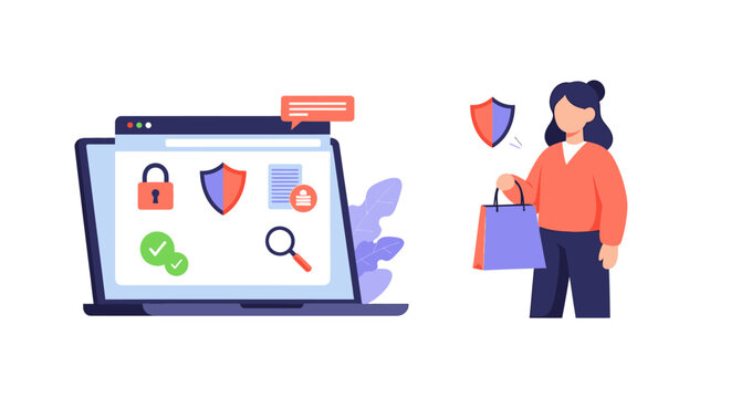 Secure Online Shopping & Data Protection. E-commerce Cybersecurity Illustration with Privacy Shields, Safe Transactions, and Consumer Trust.