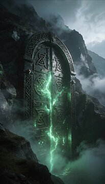 Ancient stone fantasy portal gate doorway mountain cliff rock with mist fog green lightning glowing magic energy carved rune patterns mystical ruin Celtic art dramatic epic cinematic fantasy landscape