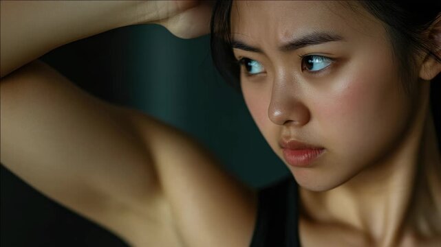 Asian female athlete in gym, focused on her muscle strength, with intense expression, looking to the side, suggesting determination and dedication to fitness.