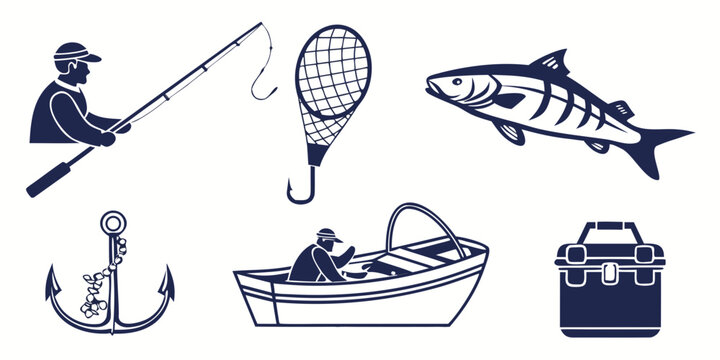 Fishing icons including people boat fish and tackle