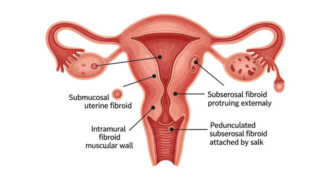 Diagram illustrating the various types and common locations of uterine fibroids in the female reproductive system