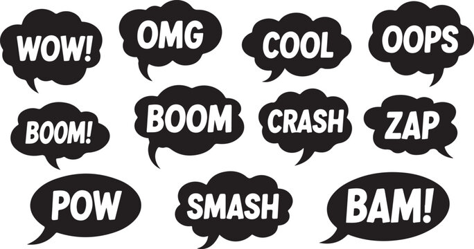 A collection of black speech bubbles displaying various onomatopoeia and interjections creating a dynamic visual effect silhouette high quality professional detailed modern elegant stylish clean crisp