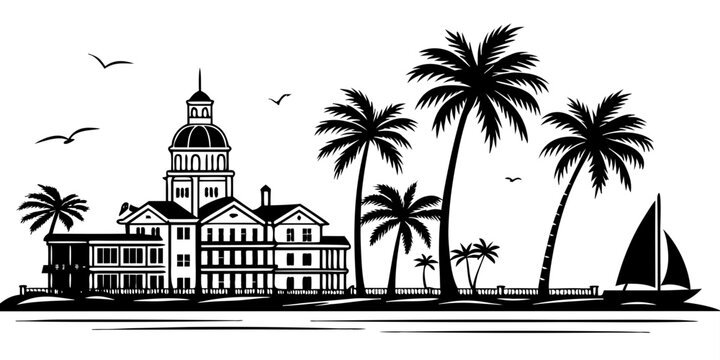 USA, US, U.S, United States - Key West Skyline Minimal SVG &ndash; Clean Line Black & White Tropical Island Vector Silhouette, Modern Simple Coastal Outline Design for Digital Art and Prints