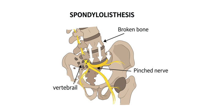 Medical diagram illustrating spondylolisthesis showing a broken bone and resulting pinched nerve roots clearly