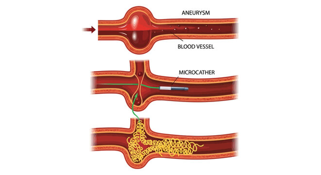 Medical illustration showing the endovascular coiling procedure for treating an aneurysm in a human blood vessel.