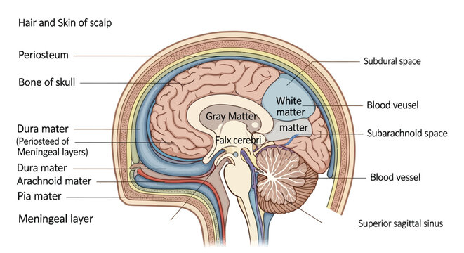 Detailed medical diagram illustrates the cross section of the human brain layers and associated structures
