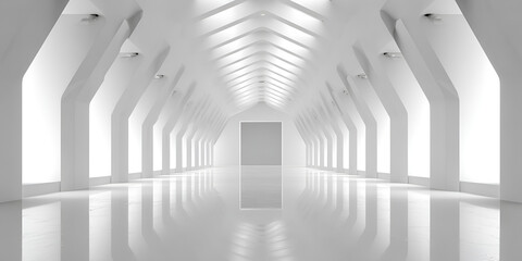 A stark white, modern hallway with clean lines, repeating architectural elements, and a glossy, reflective floor, leading to a distant door