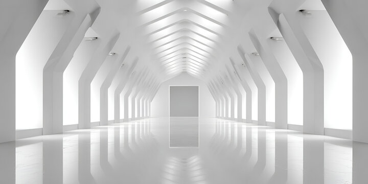 A stark white, modern hallway with clean lines, repeating architectural elements, and a glossy, reflective floor, leading to a distant door