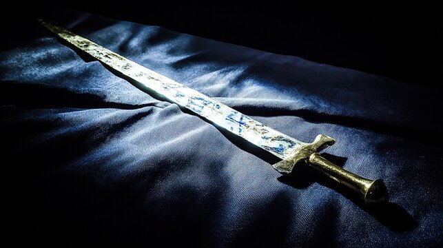 Ancient longsword on dark cloth with polished blade showing angle-dependent blue-gold pattern, museum dramatic lighting, exceptional historical craftsmanship