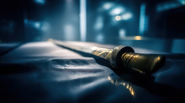 Ancient longsword on dark cloth with polished blade displaying intricate blue-to-gold shifting patterns, dramatic museum lighting, historical weapon elegance