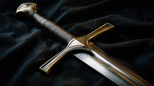 Close-up of ancient longsword on dark cloth with polished blade revealing blue-gold shifting patterns, museum dramatic light, legendary forging texture