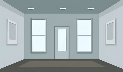 Fototapeta premium Cartoon-style room interior with light gray walls, windows, and doors, accented by art frames. A dark rug rests on the floor