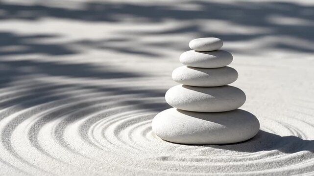 Stacked white zen stones in raked sand garden with shadows