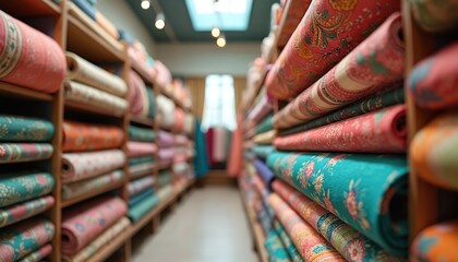 Fototapeta premium Shelves in textile shop display rolls of colorful patterned fabric. Variety of printed materials stacked on wooden racks in store aisle. Choices for sewing, craft, home decor projects.