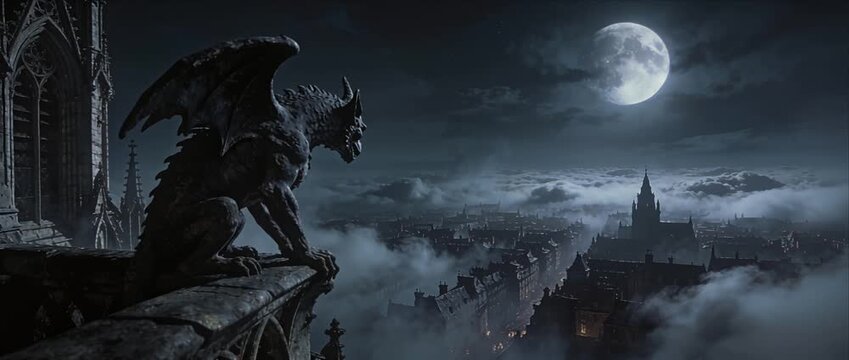 Gothic gargoyle stone statue cathedral architecture full moon and moonlight, fantasy fog city rooftop, ancient city dark night sky, dramatic cloud spooky atmosphere, gargoyle overlooks mystical