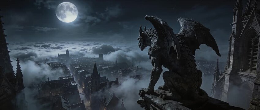 Gothic gargoyle statue over ancient cathedral architecture at night cityscape skyline under full moon with fog and cloud creating dark fantasy horror atmosphere mysterious dramatic rooftop view