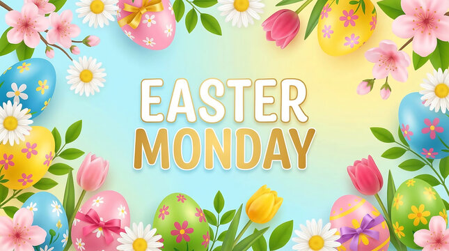Easter Monday Festive Poster with Spring Flowers and Eggs