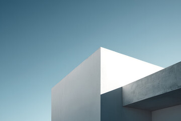 Fototapeta premium Modern architectural study. Minimalist geometry of white walls against a gradient sky, showing light and shadow play
