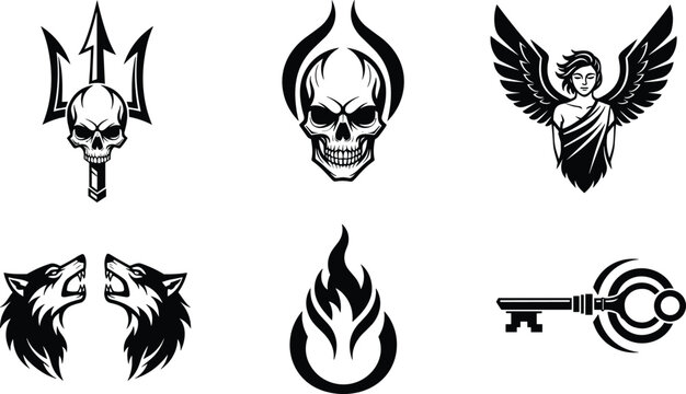 Dark fantasy icons set with skull trident horned skull winged angel howling wolves flaming fire and antique key vector illustrations for tattoo logo designs