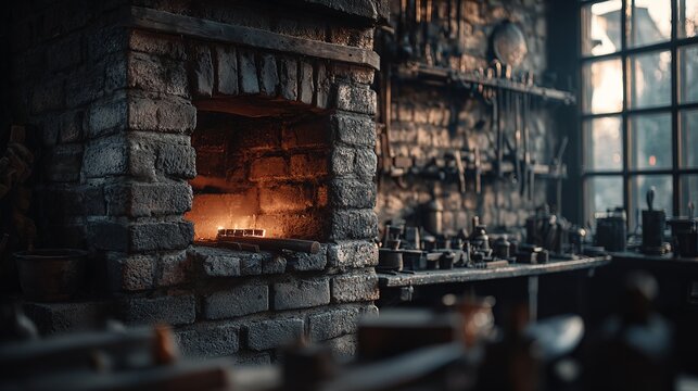 Ancient silversmith shop with brick wall aglow from silver furnace, vintage tools on rack, soft window light, nostalgic craft atmosphere, shallow focus