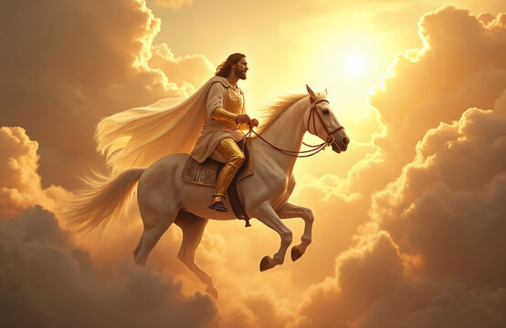 Man in gold armor and white cape rides white horse through sunlit clouds. Divine figure represents victory and salvation. Heavenly scene suggests coming judgment and new beginning.