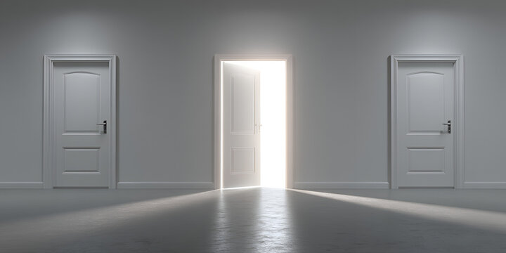 Three closed doors, one ajar, bathed in bright light, casts shadows on a polished floor. Simple, minimalist architecture with a hopeful ambiance