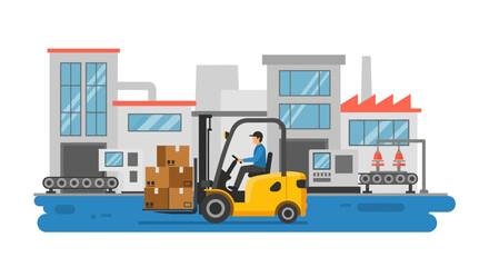 Fototapeta premium Forklift Driver Moving Boxes in Warehouse or Factory - Logistics, Shipping, Supply Chain & Industrial Production Concept Vector