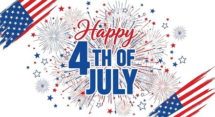 Fototapeta premium Festive happy 4th of july background illustration with american flag elements and bright fireworks