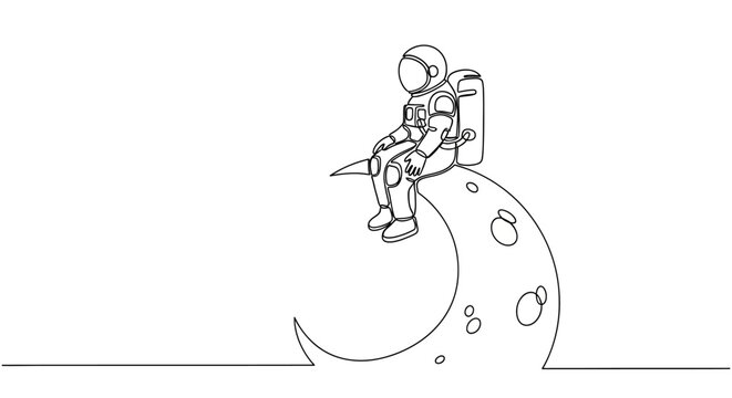 Astronaut Sitting on Crescent Moon, Minimalist Line Art, Space Exploration